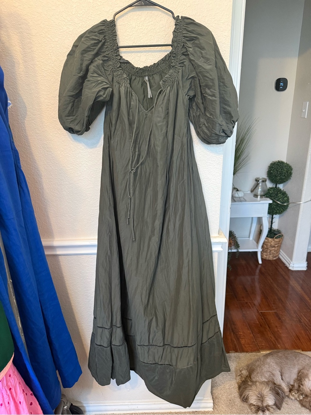 Anthropologie Olive Green Lace-Up Puff Sleeve Midi Dress large - Picture 2 of 10
